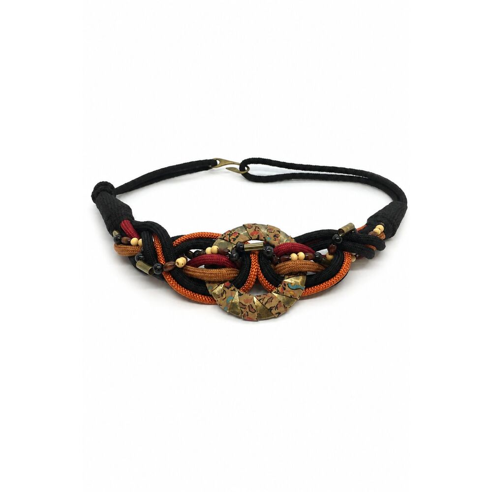 VINTAGE BOHO BELT Woven Cord Beaded Batik Medallion Brass Hook 80s 90s